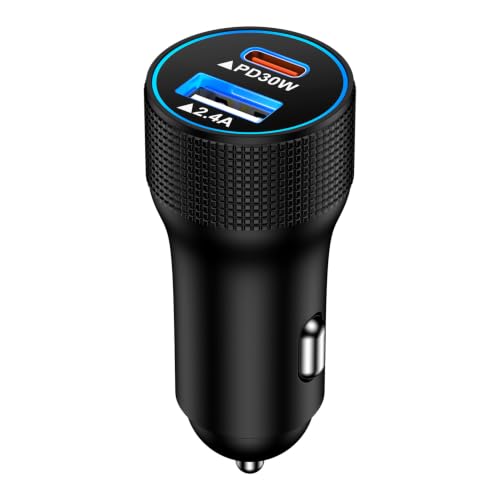 Cargador de coche USB C y USB A de 30W con doble puerto de carga rápida