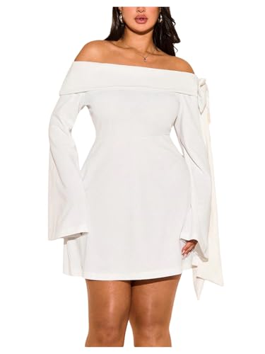 WDIRARA Women's Plus Size Off Shoulder Bowknot Color Block Long Bell Sleeve Bodycon Mini Dress White XX-Large Plus