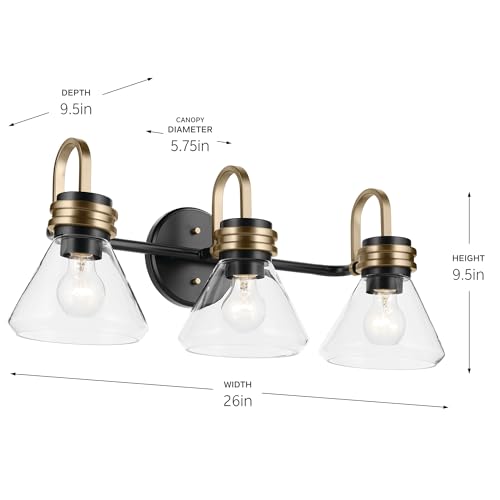 Image of Kichler Farum 26 inch 3-Light Bathroom Vanity Light Fixture with Clear Glass in Black, Modern Wall Mount Over Mirror for Single or Double Vanity, Powder Room (26 inch x 9.5 inch x 9.5 inch), 55155BKCLR