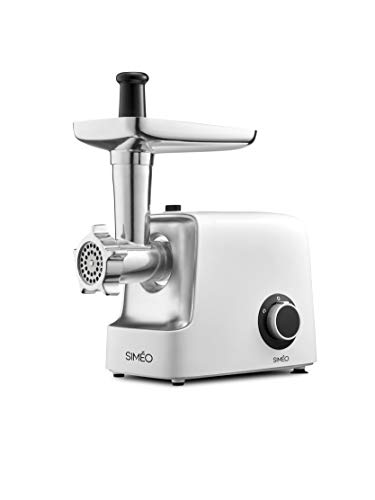 SIMÉO - Hachoir à Viande Compact RHM310-3 Grilles Inox (3, 4.5, 7 mm x ∅50 mm), Kits à Saucisses et Kebbés - Moteur 2 Vitesses, 2.5kg/mn - 13x24x31,5 cm - Blanc