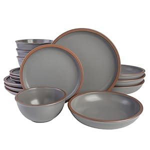 Gibson Elite Lagos Coupe Dinnerware Set, Service for 4 (16pcs), Grey, Grey (Double Bowl)