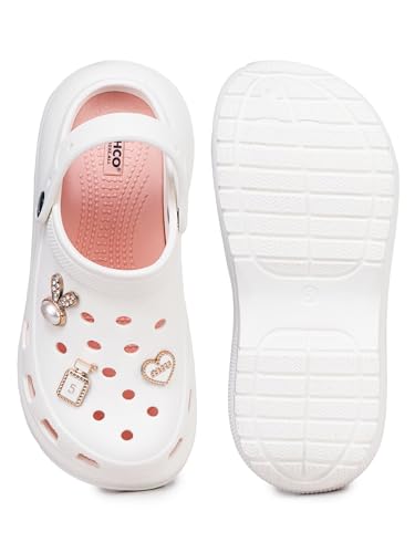 Image of ATHCO Roxxie Clogs For Women's|Girl's| Dual-Color Soft EVA Cushioned With Massage Footbed|Easy Wear with Adjustable Back Strap|Lightweight Platform Heels|Flexible|Breathable|Extra Soft Comfortable Anti-Skid Casual Mule|All-Season|Summer|Monsoon|Rain|Winter|Waterproof|Casual Slip-On Sandal with Cute Charms & Chunky Design|Indoor & Outdoor Wear|Trendy|Fashionable|Stylish|Shoes