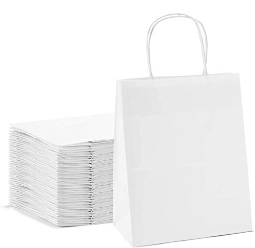 Switory Sacchetto di carta Kraft 50pc con manici 20x12x26,5cm Sacchetto regalo shopping bianco con manici intrecciati per bomboniere, imballaggio,trasporto, vendita al dettaglio, merce, matrimonio