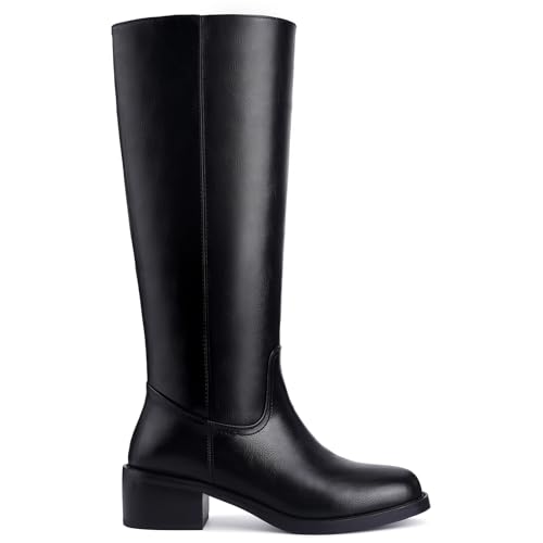 Image of Gothictor Women's Banana Knee High Boots Square Toe Chunky Block Heel Comfortable Low Heel Pull on Wide Calf Riding Long Boots for Women
