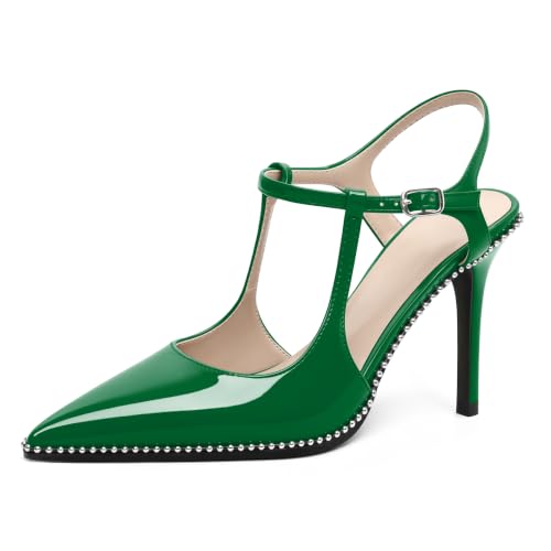 Image of SAMMITOP Womens High Heels Ankle Strap Pointed Toe Stilettos Patent Leather Beaded Pumps Dress Shoes 3.5 Inch