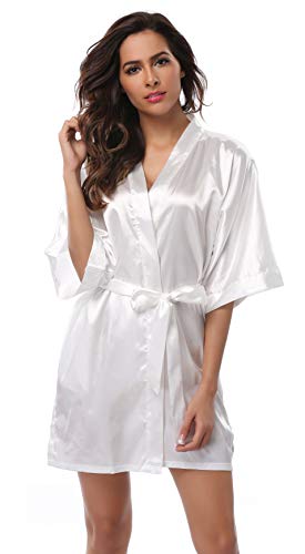 Feelia Women's Pure Kimono Robe Short Satin Bathrobe Bridesmaid Bride Sleepwear White