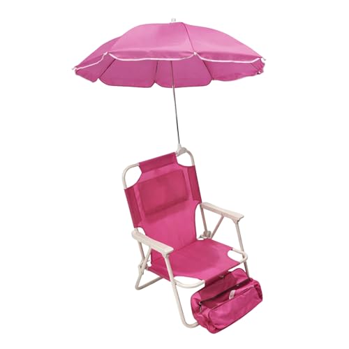 Simpatica sedia pieghevole da spiaggia con ombrellino parasole e seduta celeste.