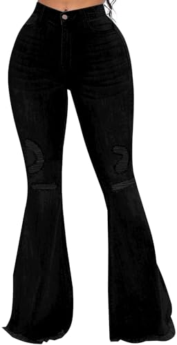 Plus Size Bell Bottom Jeans for Women Elastic High Waisted Ripped Tassels Classic Flared Jeans Skinny Raw Hem Wide Leg Denim Pants(Black Small)