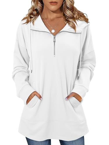 onlypuff Women Hoodie Pullover Trendy Quarter Zipper Lapel Sweatshirts Drawstring Cute Hooded Tunic Tops with Side Pockets