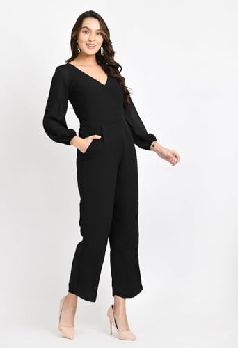 Image of V&M Women's Black V-Neck Jumpsuit | Full Sleeve Straight-Leg One-Piece with Side Pockets | Elegant Western for Office, Party & Evening Outfits