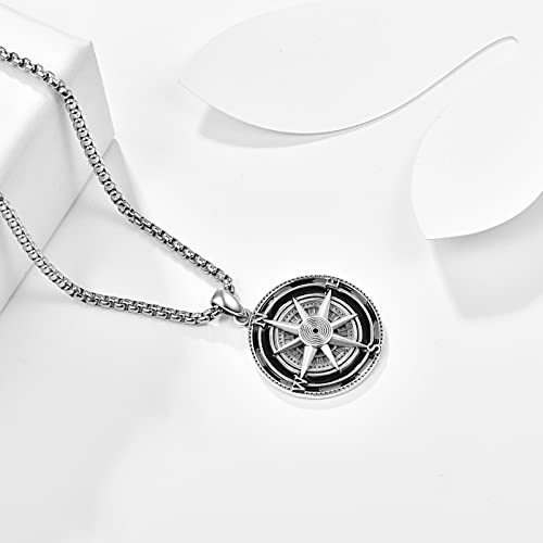 Compass Pendant For Men 925 Sterling Sliver Compass Jewellery Graduation Gift Necklace For Friends, Birthday Anniversary Jewelry Gift Husband Boy With Stainless Steel Pearl Chain 22“+2”Inch(60Cm) #TOP3