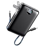 Portable Charger with Built in Cables & Wall Plug,10000mAh Power Bank, 4 Outputs,22.5W USB C Fast Charging,Slim Travel Essential Battery Pack with LED Display for iPhone 17/16/15/14 Series,Black