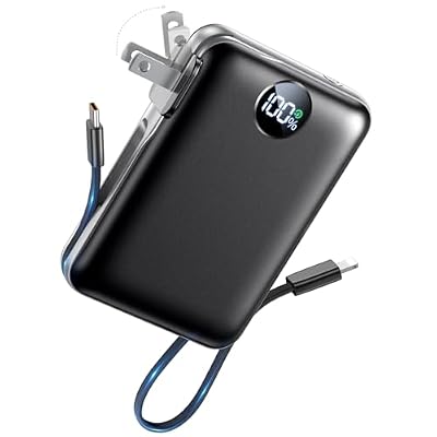 Portable Charger Power Bank 10000mAh, 45% Smaller Built-in Cables & AC Plug