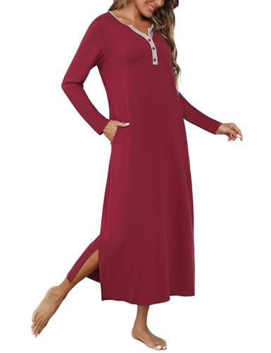 Marvmys Ladies Nightgowns Long Sleeve Night Gowns Floor Length Pajama Dress with Pockets Long Sleep Shirt Wine Red M