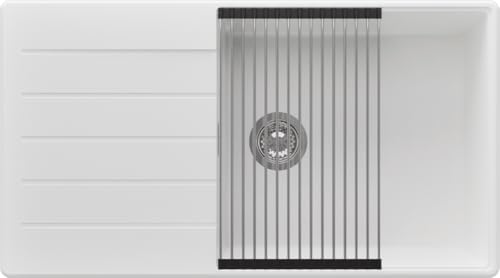 PRIMAGRAN Evier Cuisine en Granit Blanc 90x50cm, Lavabo 1 bac + Kit de Vidage + Égouttoir Enroulable, Évier à Encastrer al mueble 60cm - Copenhague