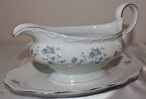 Johann Haviland Bavaria Germany Blue Garland Gravy Boat w/ Attached Underplate -- Haviland Classic -- White Bone Porcelain with Floral Blue Garland and Trimmed in Platinum