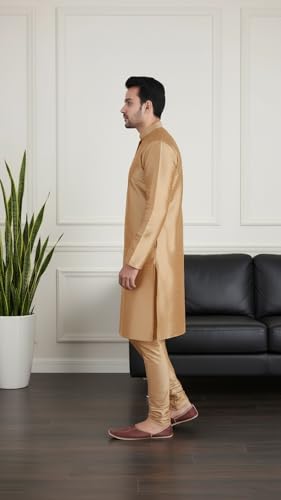 Image of Sadree Men's Silk Blend Mandrin Collor Full Sleeve Knee Length Indian Kurta Chudidar Pyjama Set
