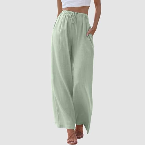 Generic Women's Linen Summer Palazzo Pants Flowy Wide Leg Beach Pants with Pockets Drawstring Elastic High Waist Summer Linen Pant, Small, A#_green2