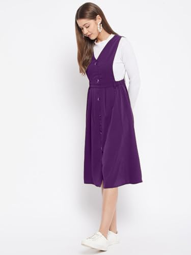 Image of WineRed Women Soild Pinafore Dress with Button