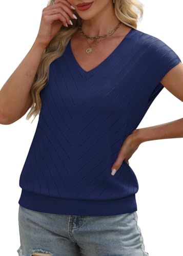 Image of WIHOLL Short Sleeve Sweater for Women V Neck Trendy Summer Tops 2026 Beach Vacation Clothes Travel Business Casual Outfits