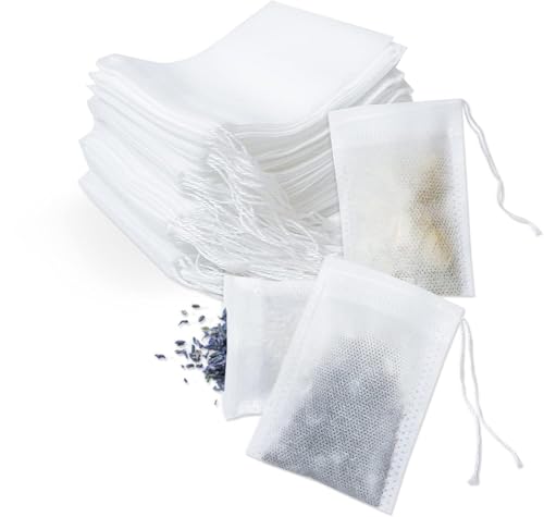 200 Pcs Disposable Tea Filter Bags, 7x9cm Drawstring Seal Filter Tea Bags Empty Tea Infusers Bags with Plastic Tea Shovel for Loose Tea and Coffee, White