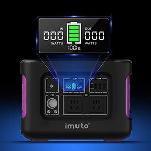 Close-up of the imuto Portable Power Station's LCD display showing input/output wattage and battery percentage.