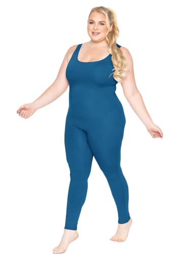 Image of STRETCH IS COMFORT Womens Plus Size Tank Unitard Athletic Rompers For Women | 95% cotton 5% spandex, round neckline, sleeveless straps, U-back, seamless front, one piece outfits for women, workout romper