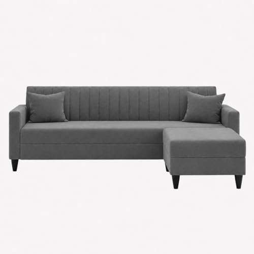 Image of FURNY Avvono 5 Seater L Shape Sofa Set with Movable Ottoman | Flexible Left or Right Layout | Plush Velvet Fabric (Dark Grey) | Perfect for Living Room, Guest Room & Office