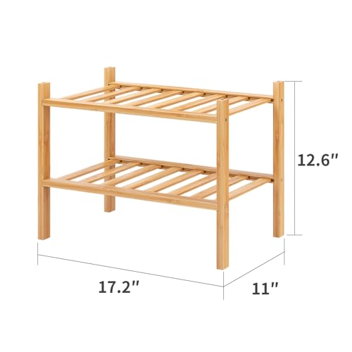 Image of Small Shoe Rack, 2-Tier Bamboo Stackable Shoe Shelf Storage Organizer, Shoe Stand for Closet, Entryway and Hallway
