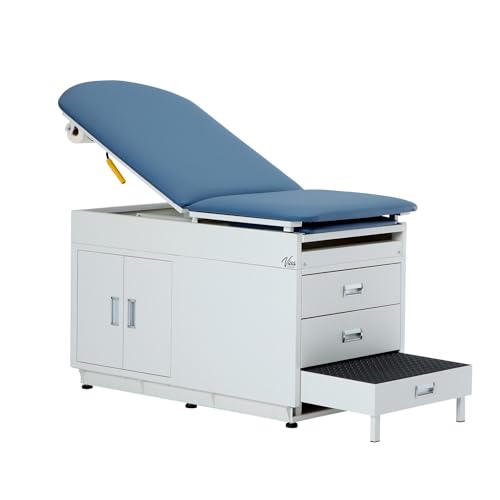 Vivacomfort Grande Medical Exam Table, Adjustable Exam Bed with Step Stool, Storage Cabinets, and Foot Rest, Dimensions: 47.64” L x 26.77” W x 29.13” H, Blue