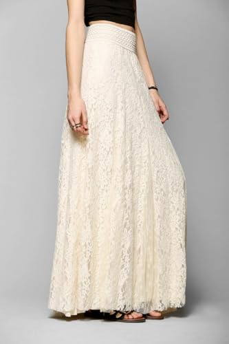 THLAI Womens Maxi Solid Elegant Pleated Skirt Lace Mesh Daily Skirt2