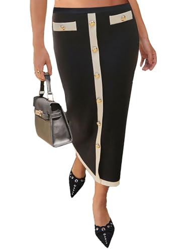 Avanova Women Button Down Pencil Midi Skirt Color Block High Waisted Bodycon Work Long Skirt4