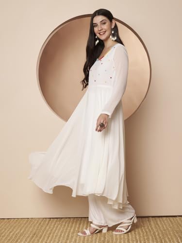 Image of PH POSHAKHUB Georgette Regular Fit Hand Embroidery Anarkali Kurta Set for Women, Yoke Anarkali Kurta for Woman, Ankle Length Anarkali Suit for Women, Full Sleeve Kurti, Dress for Woman