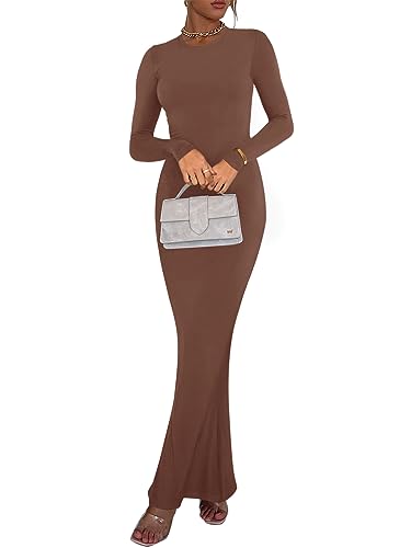 Image of REORIA Women's Sexy Crew Neck Lounge Long Dress Elegant Long Sleeve Ribbed Bodycon Maxi Dresses