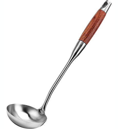 Litensh 304 Stainless Steel Soup Ladle, Professional Heavy Duty Kitchen Serving Spoon with Heat Resistant Wood Handle, 13.8 Inch