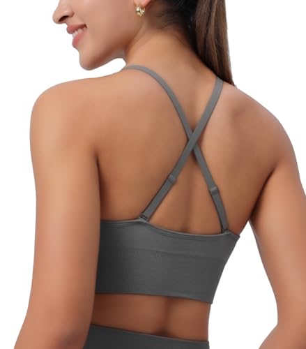 Image of Deep V-Neck Adjustable Women's Sports Bra | Wireless Longline Strappy Criss Cross Padded Spaghetti Straps Light Impact Workout Yoga Crop Top