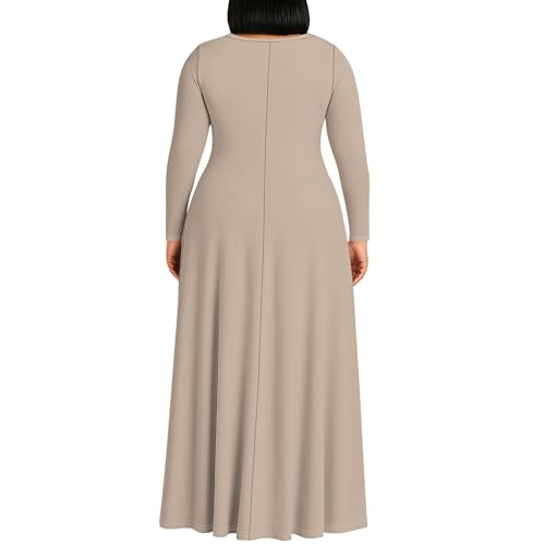 Image of PinkPatty Plus Size Maxi Dress for Curvy Women Crew Neck Long Sleeves Casual Dress Vacation Sundresses with Pockets