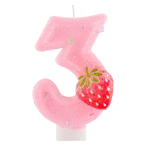 FUNCANDLE Pink Strawberry Number 3 Birthday Candles, 2.76 Glitter Berry Strawberry Numeral Candle for Party Cake Topper Decor, Girls Kids Adult Fruit Theme Supplies Anniversary Decoration
