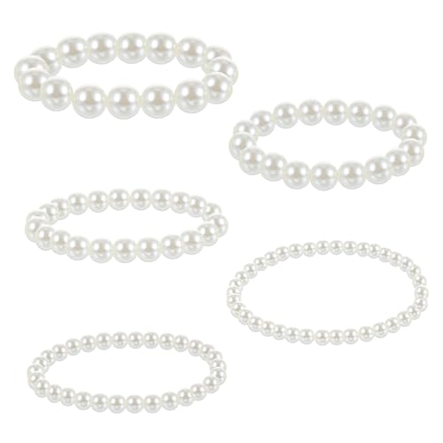 Pearl Bracelet Set 5 Pcs White Pearl Bracelets For Women Stackable Faux Pearl Bracelets Pearl Stretch Bracelets Multi Layer Costume Pearl Bracelet For Bridesmaids Bridal Lady Prom Party Gift