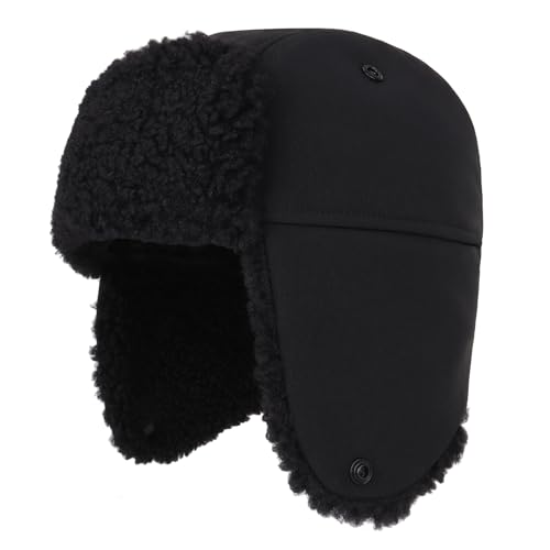 AISIYEDO Mens Warm Ushanka Trapper Hat Unisex Outdoor Winter Water-Repellent Hunting Hat with Faux Fur Ear Flaps Black