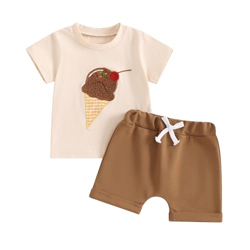 Gaono Toddler Baby Boy Girl Summer Clothes 2 Piece Short Sleeve Ice Cream Print T-shirt And Shorts Set Cute Outfit (Khaki, 18-24 Months)