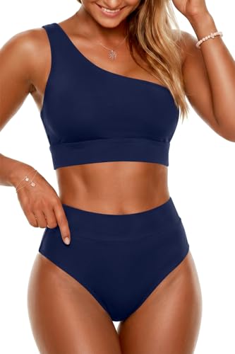 Image of Holipick Women One Shoulder High Waisted Bikini Sets Two Piece Swimsuit Tummy Control Bathing Suit Full Coverage Swimwear