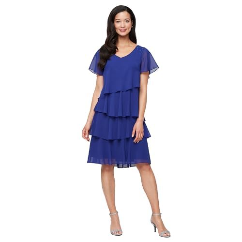 Image of S.L. Fashions Women's V-Neck Chiffon Cocktail Dress with Beaded Shoulders and Asymmetrical Tiers (Petite and Regular Sizes)