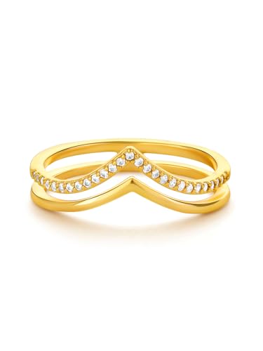 Gold V Ring for Women Chevron Cubic Zirconia 14K Gold Plated Minimalist Stack Enhancer Guard Band Finger Jewelry Size 6-8