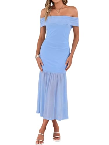 Simplee Womens Summer Off Shoulder Maxi Dress 2026 Ruched Bodycon Flowy Tulle Formal Cocktail Wedding Guest Long Dresses Sky Blue