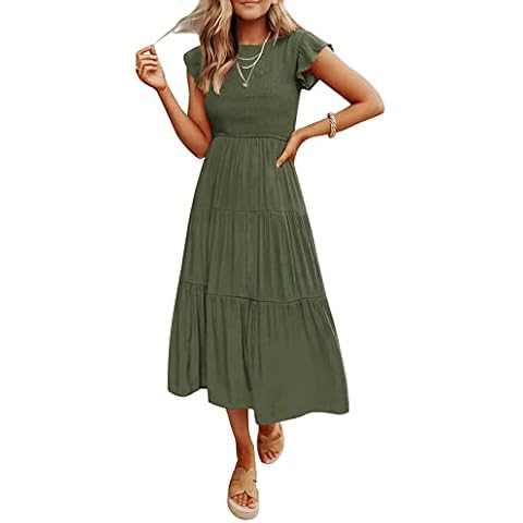 ZESICA Women's Summer Casual Flutter Short Sleeve Crew Neck Smocked Elastic Waist Tiered Midi Dress, Armygreen, Large Cover