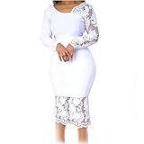 Cololura Women Elegant Floral Lace Patchwork Long Sleeve Evening Gown Party Cocktail Bodycon Dress White