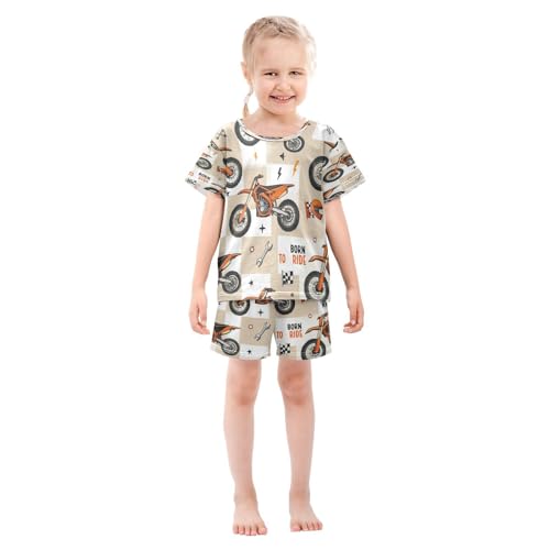Pajama Sets Short Sleeve Motorcycle Pattern Print Design Soft Cotton Summer Sleepwear 2 Piece PJS Size 5-14T4