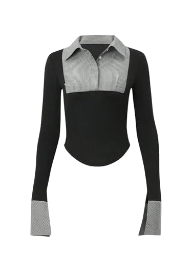 Women's Striped Button Front Collared Blouse Shirts Long Sleeve Slim Fit Asymmetrical Hem Work Tops