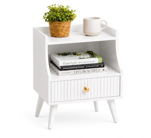 Image of ETIQUETTE ART Modern Fluted Nightstand with Drawer and Open Storage Shelf, Bedside Table with Round Edge, Boho Night Stand with Solid Wood Legs & Knob Handle End Table for Bedroom (White)